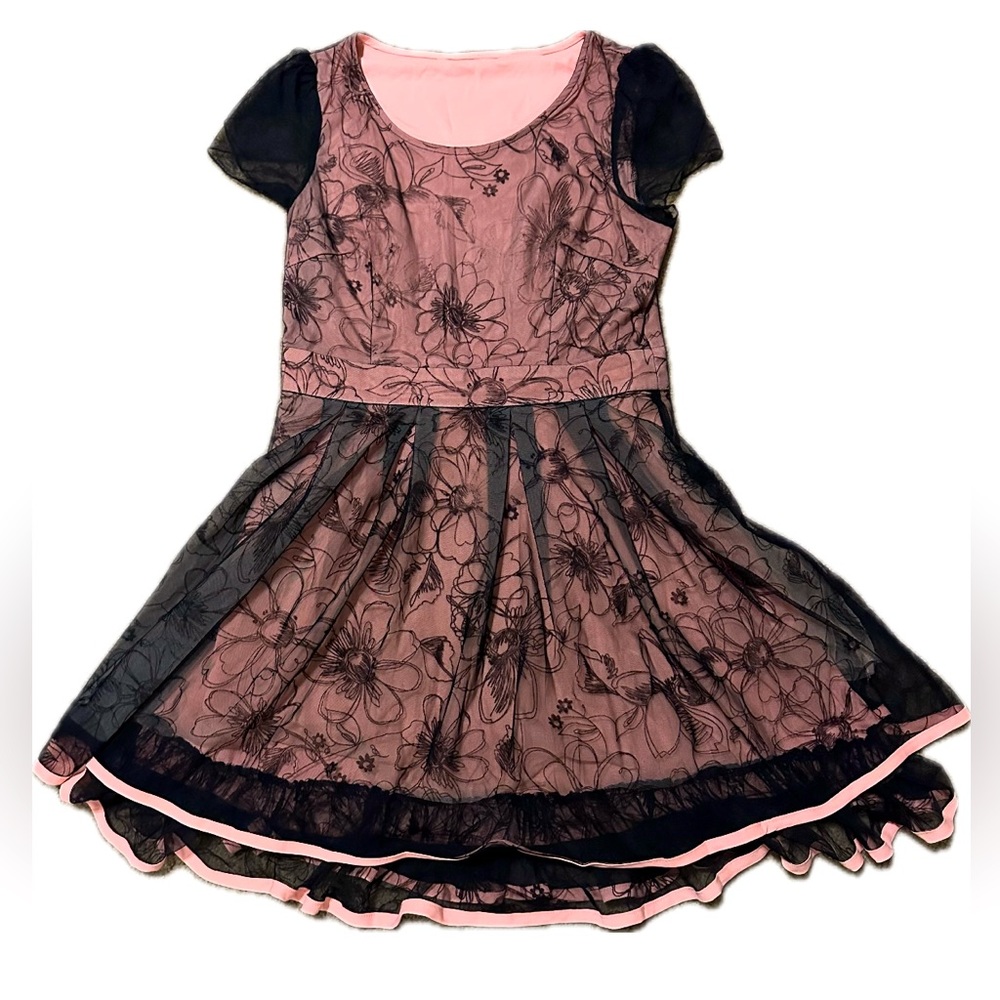 Unlabeled Pink and Black Skater Dress with Floral Design